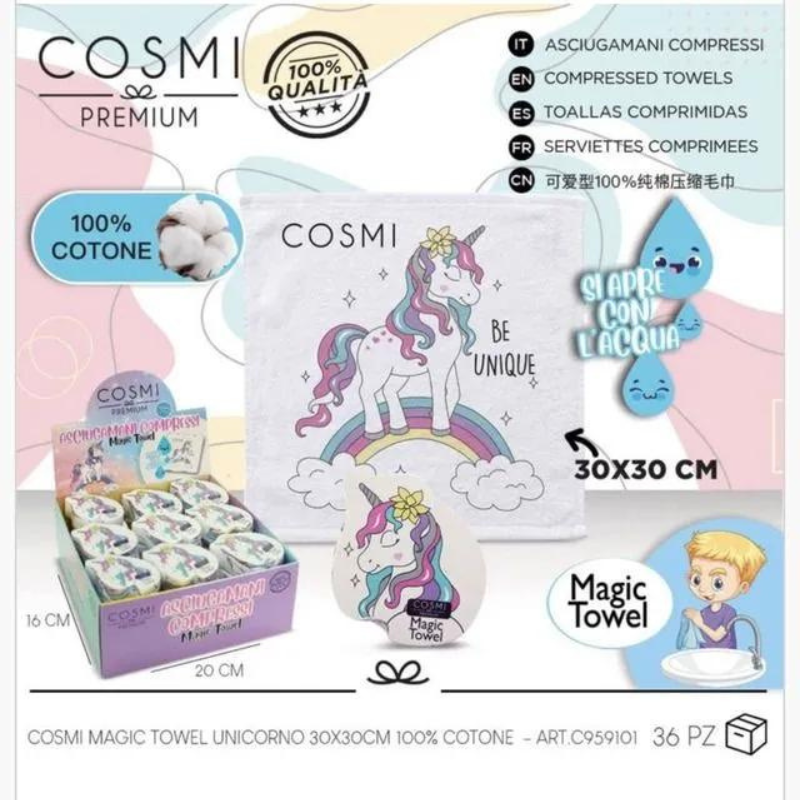 TOALLA MÁGICA COSMI MAGIC TOWEL UNICORNO 30X30CM 100% COTONE.