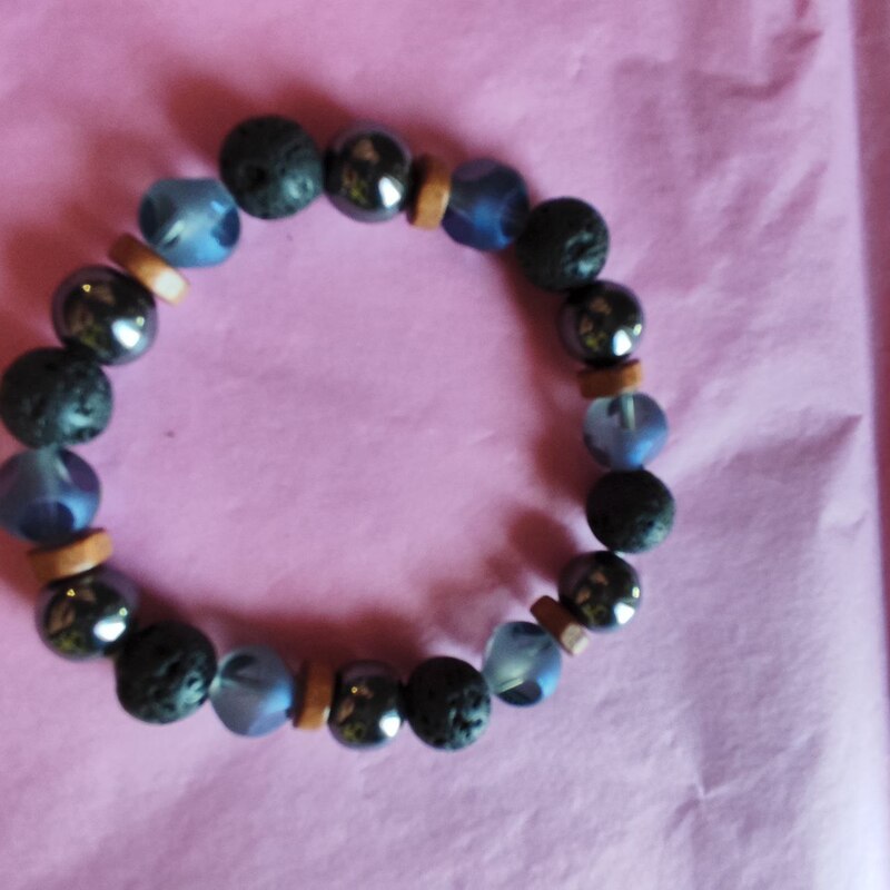 Pulsera HEMATITE, ROCA VOLCÁNICA Y CRISTAL CHECO GRIS