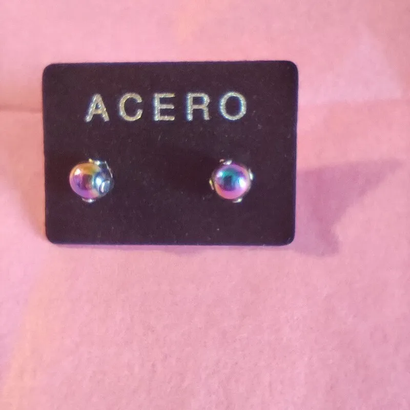 PENDIENTES DE ACERO CON BOLA DE HEMATITE ARCOIRIS EN 6 MM