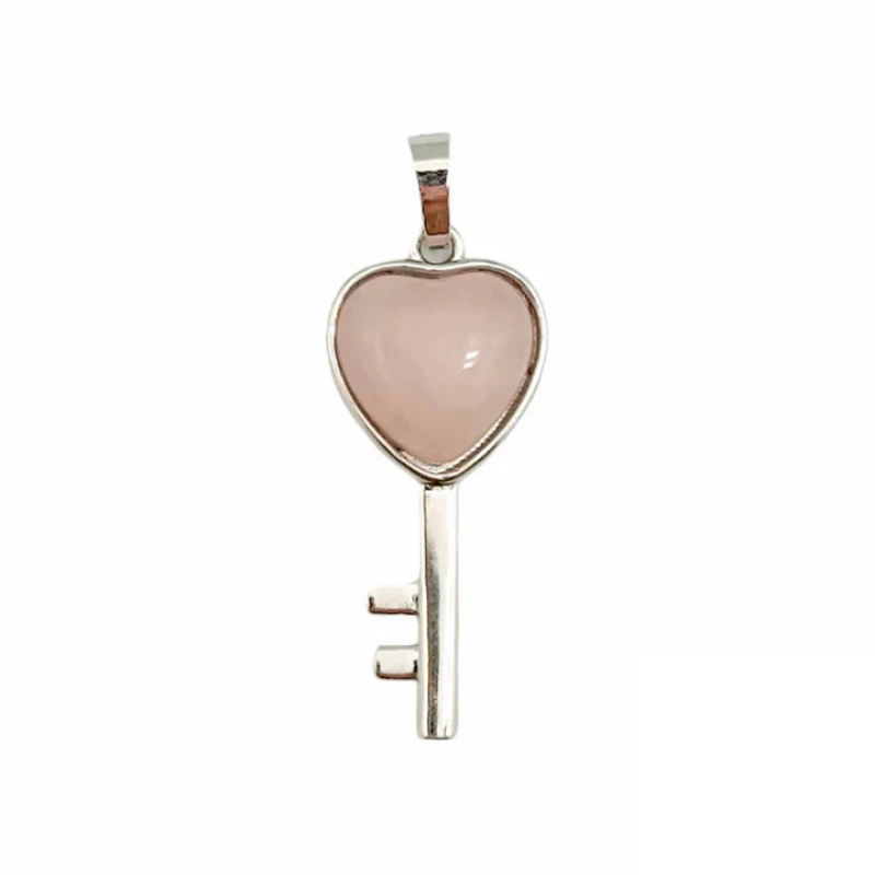 Colgante Llave De La Felicidad En Metal Con Piedra Cuarzo Rosa 4 Cms Aprox