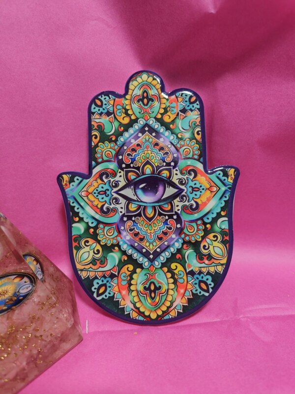 PLACA DE CERÁMICA MANO DE HAMSA ojo violeta. POSAVASOS, PORTA INCIENSOS. FÁTIMA