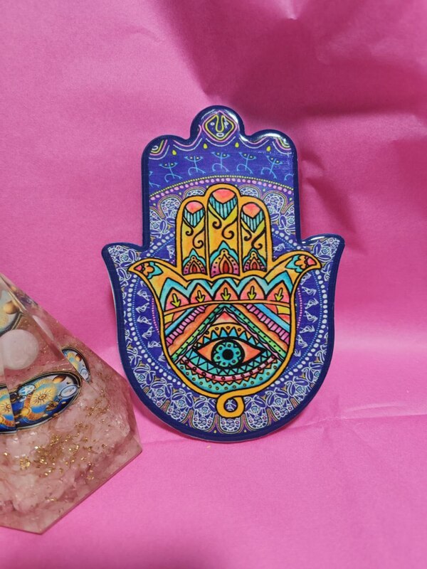 PLACA DE CERÁMICA MANO DE HAMSA azul. POSAVASOS, PORTA INCIENSOS. FÁTIMA