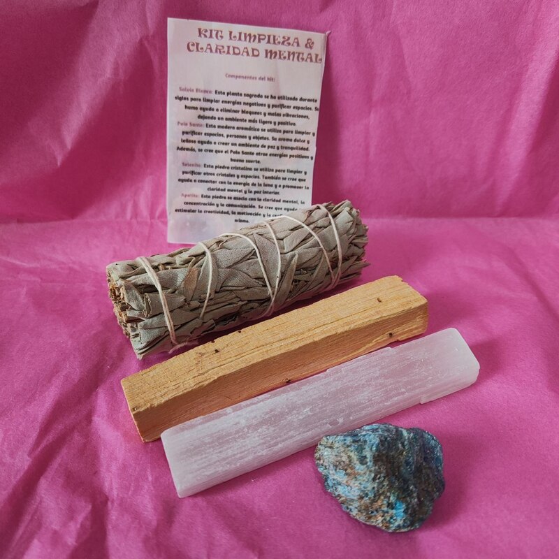 Kit Limpieza Y Claridad Mental : Atado Salvia , Palo Santo, Apatito y barra de Selenita