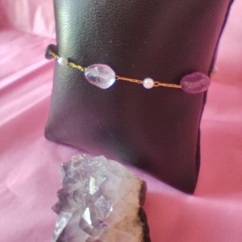 PULSERA DE 17 + 5 CM EN ACERO INOXIDABLE CON PIEDRAS NATURALES DE AMATISTA