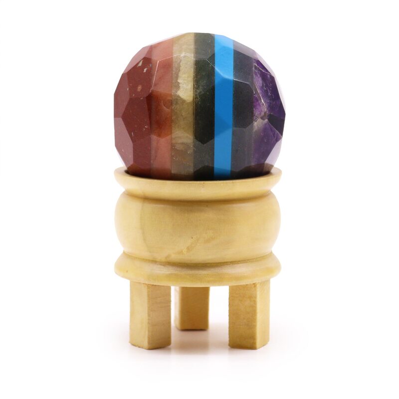 ESFERA FACETEADA Curativa de Piedras Preciosas y soporte de madera Siete chakras. 10 x 5,5 (cm)