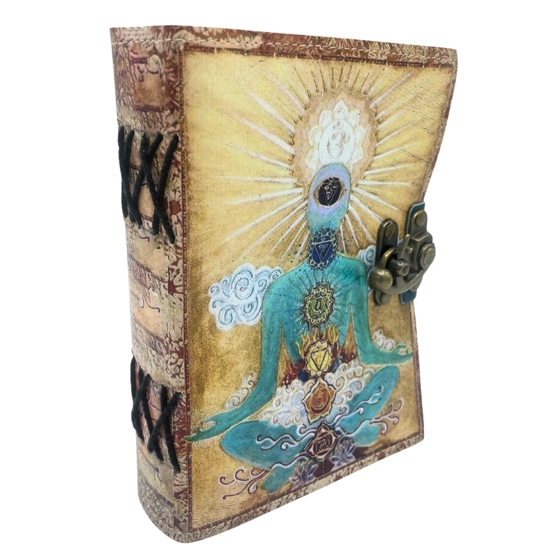 CUIADERNO GRIMORIO de Cuero Buda 7 Chakras. HOJAS DE PAPIRO