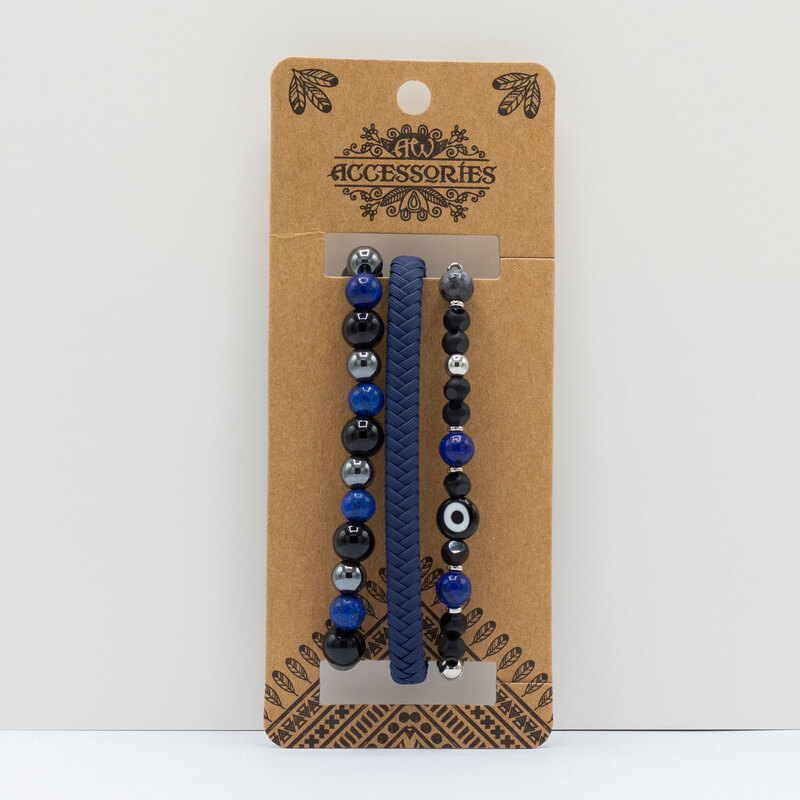 SET DE PULSERAS CON CUERO Y PIEDRAS NATURALES. HECHO A MANO. AZUL. VARIOS MODELOS