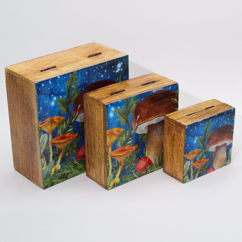Caja Cuadrada Mediana 13,5 x 13,5 x 6 cm Hongo Verde azulado. SETAS