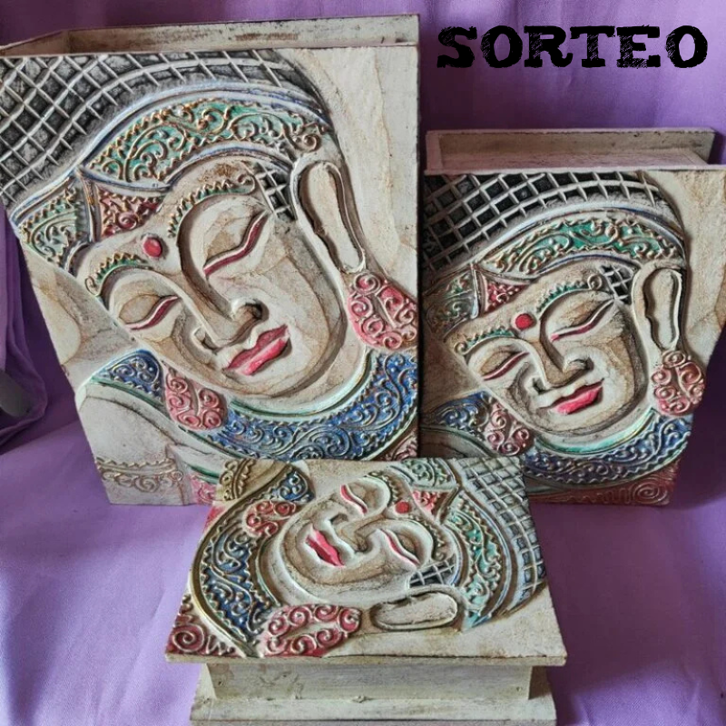 SORTEO CONJUNTO DE 3 CAJAS MADERA TALLADA Y PINTADA A MANO BUDA