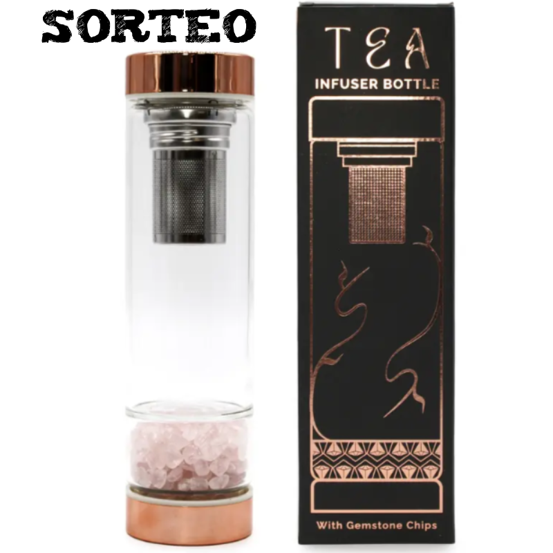 SORTEO Botella de Cristal para Infusión de Te Oro Rosa. Cuarzo Rosa. 23,8 x 6,3 (cm). 500 ML