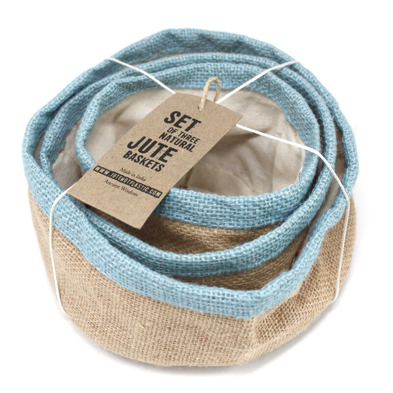 Conjunto de 3 cestas de yute natural Verde azulado