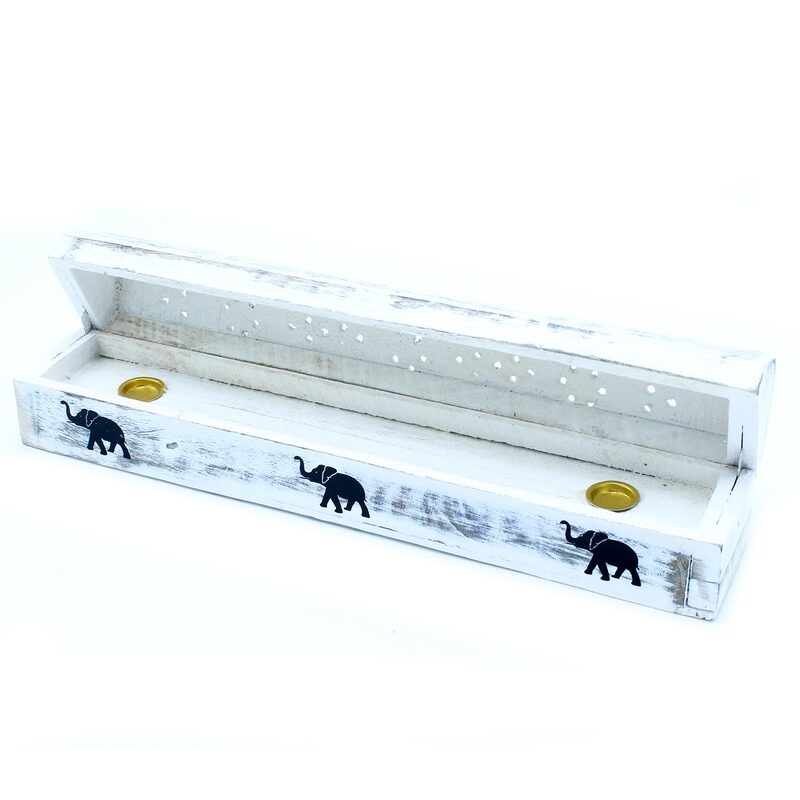 Caja Quemador de Incienso Elefante de la Suerte Blanco. Incensario horizontal 29x5x5 (cm)