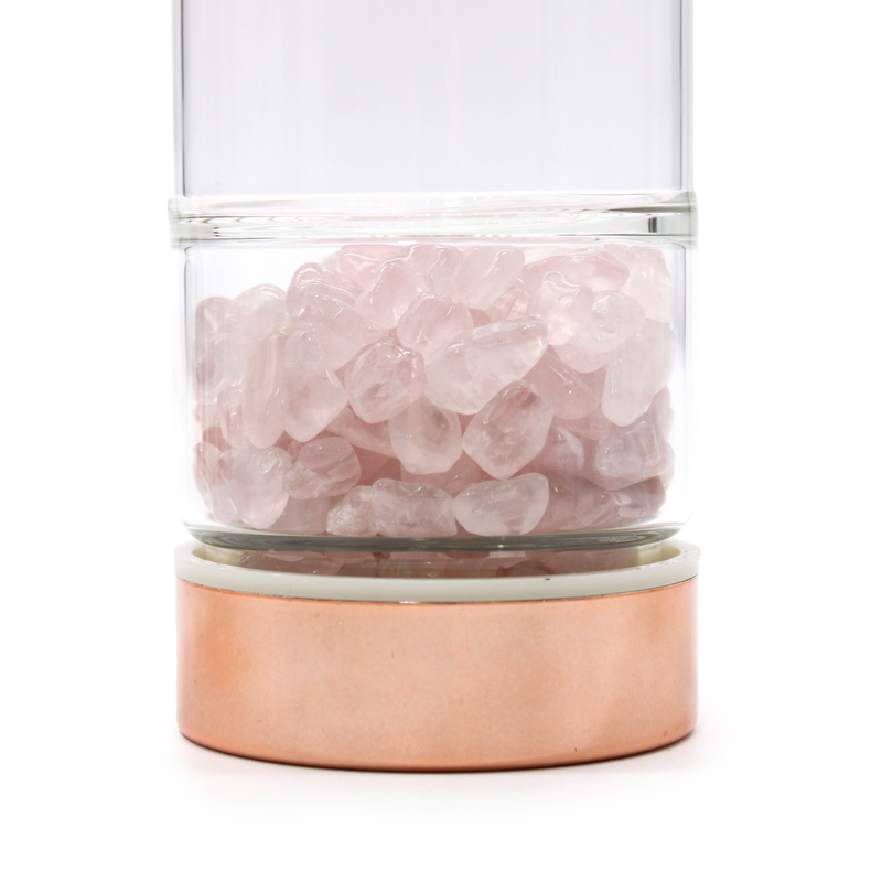 Botella de Cristal para Infusión de Te Oro Rosa. Cuarzo Rosa. 23,8 x 6,3 (cm). 500 ML