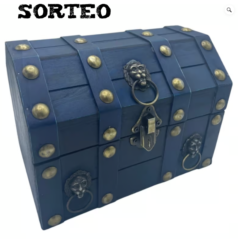 SORTEO COFRE DEL TESORO VIKINGO GRANDE. Verde azulado. MADERA. HECHA A MANO.
