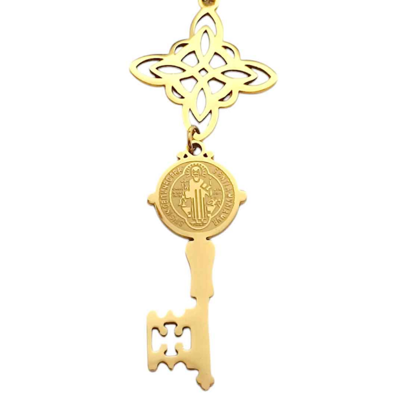 Collar Acero Dorado Nudo De Bruja Llave San Benito Cadena 40+5 Cms Doble protección