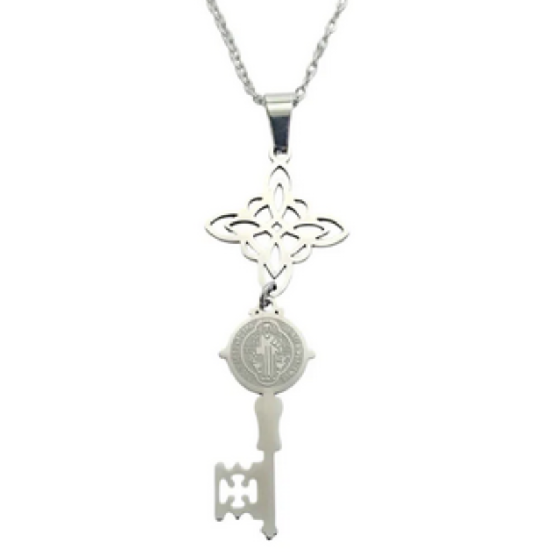 Collar Acero Nudo De Bruja Llave San Benito Cadena 40+5 Cms Doble protección