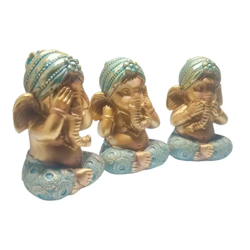 Juego 3 Figura Ganesha En Resina 11 Cms Aprox VER OIR CALLAR TOCADO AZUL