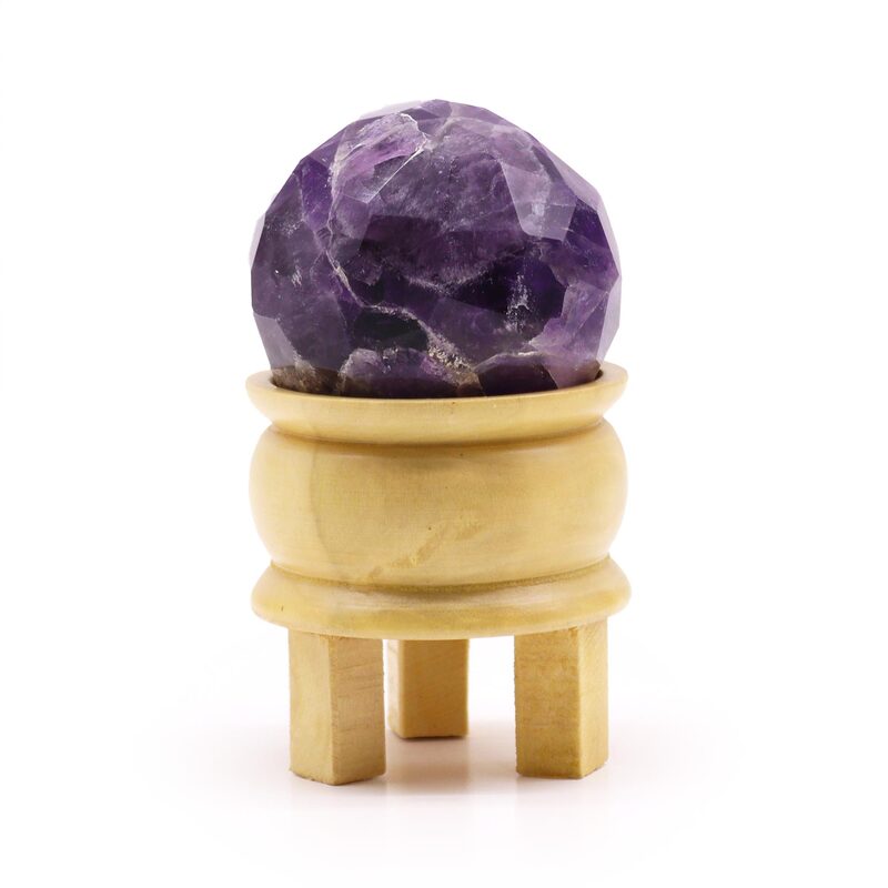 ESFERA FACETEADA Curativa de Piedras Preciosas y soporte de madera. AMATISTA . 10 x 5,5 (cm)