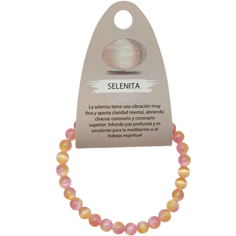 Pulsera Piedra Natural Selenita 6 mm ROSA Y ÁMBAR. BICOLOR