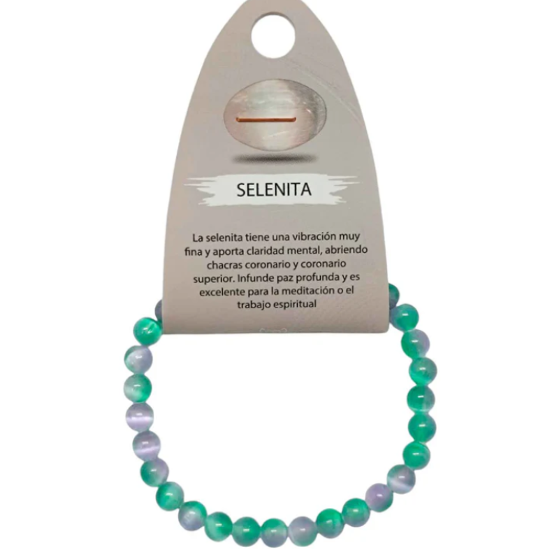Pulsera Piedra Natural Selenita 6 mm BICOLOR. MORADO Y VERDE