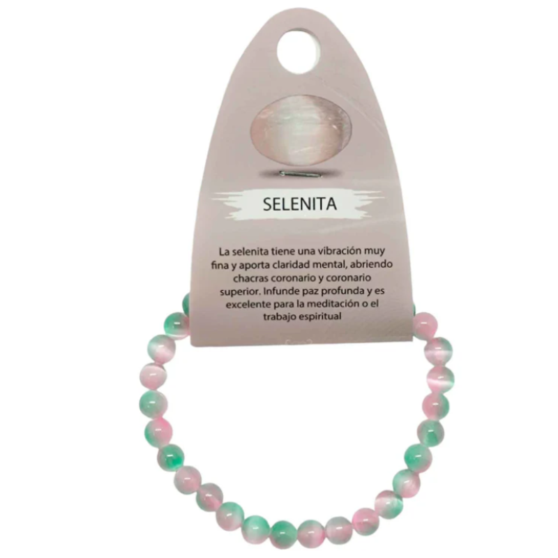 Pulsera Piedra Natural Selenita 6 mm BICOLOR. ROSA Y VERDE