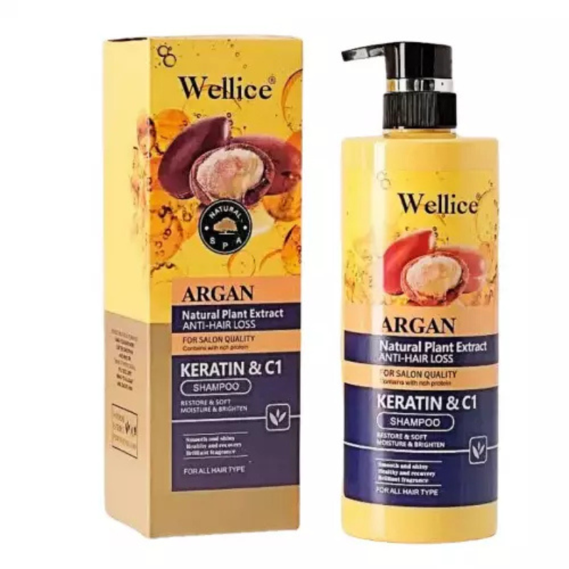 Champú ARGÁN KERATIN Y C1 , ANTICAIDA PROTECTOR CAPILAR Y FORTALECIMIENTO.PLANTAS NATURALES. WELLICE. 800ML