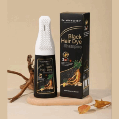 Champú Mágico KERATINE QUEEN. BLACK HAIR DYE para teñir el cabello rápido. 3 en 1. CABELLOS OSCUROS. 100% COBERTURA. CON APLICADOR. 420 ML. ANTICAIDA
