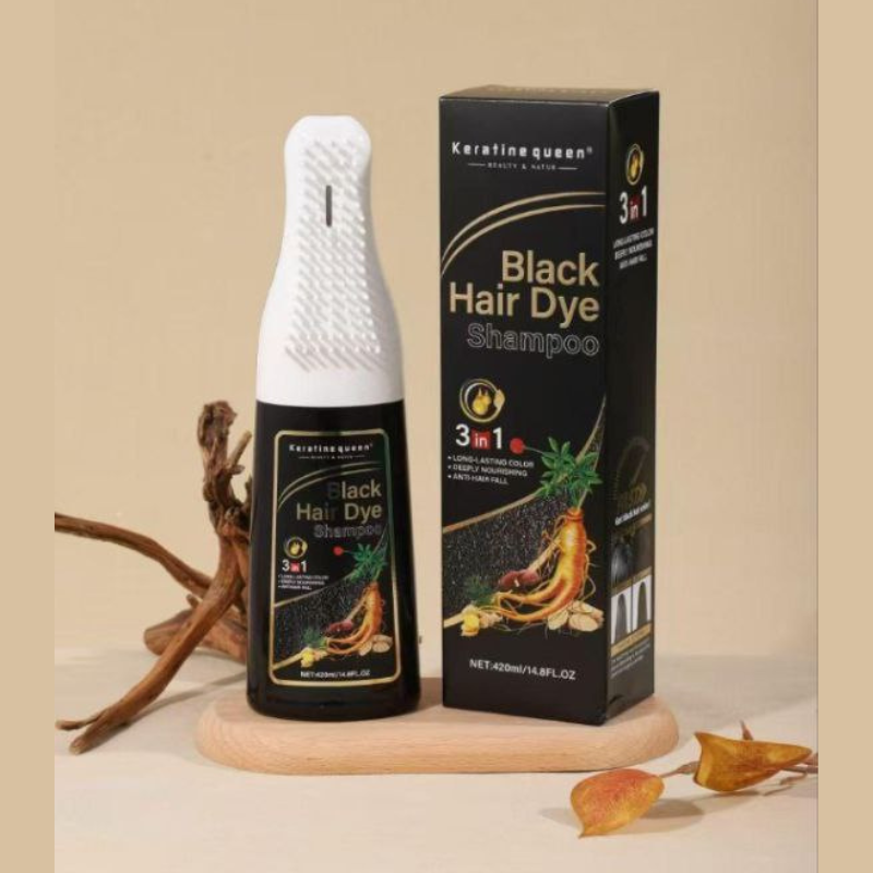Champú Mágico KERATINE QUEEN. BLACK HAIR DYE para teñir el cabello rápido. 3 en 1. CABELLOS OSCUROS. 100% COBERTURA. CON APLICADOR. 420 ML. ANTICAIDA