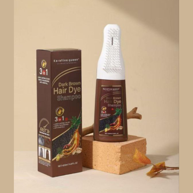 Champú Mágico KERATINE QUEEN. BROWN HAIR DYE para teñir el cabello rápido. 3 en 1. CABELLOS CASTAÑOS. 100% COBERTURA. CON APLICADOR. 420 ML. ANTICAIDA