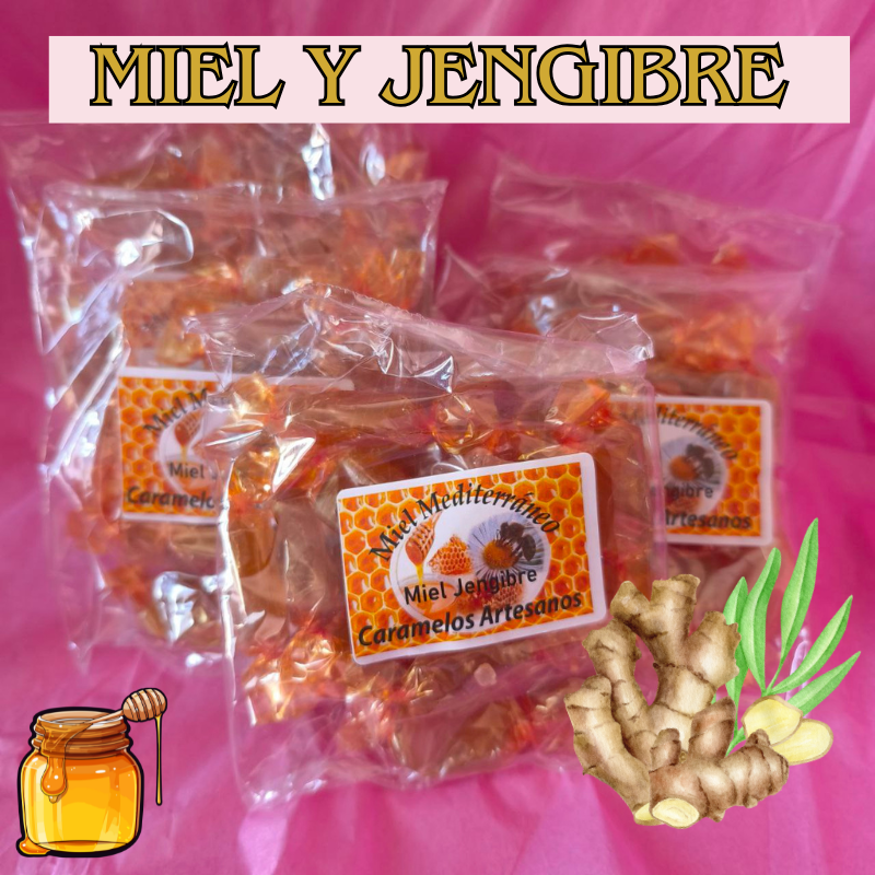 CARAMELOS ARTESANALES MIEL NATURAL Y JENGIBRE. MIEL MEDITERRÁNEA. 100 GR