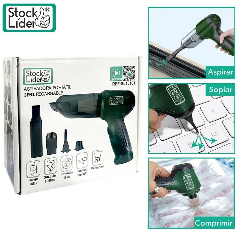 ASPITADORA RECARGABLE PORTÁTIL 3 EN 1 120W. CARGA USB CON FUNCIÓN SOPLADO