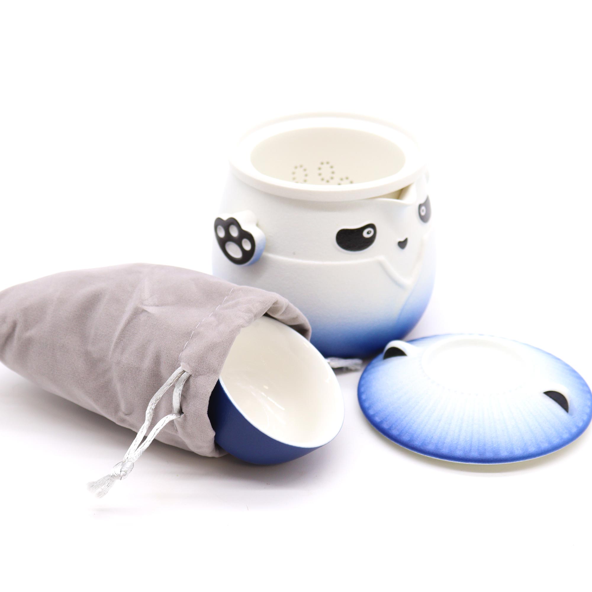 Set de tetera y tres tazas Panda Azul Cielo. Cerámica