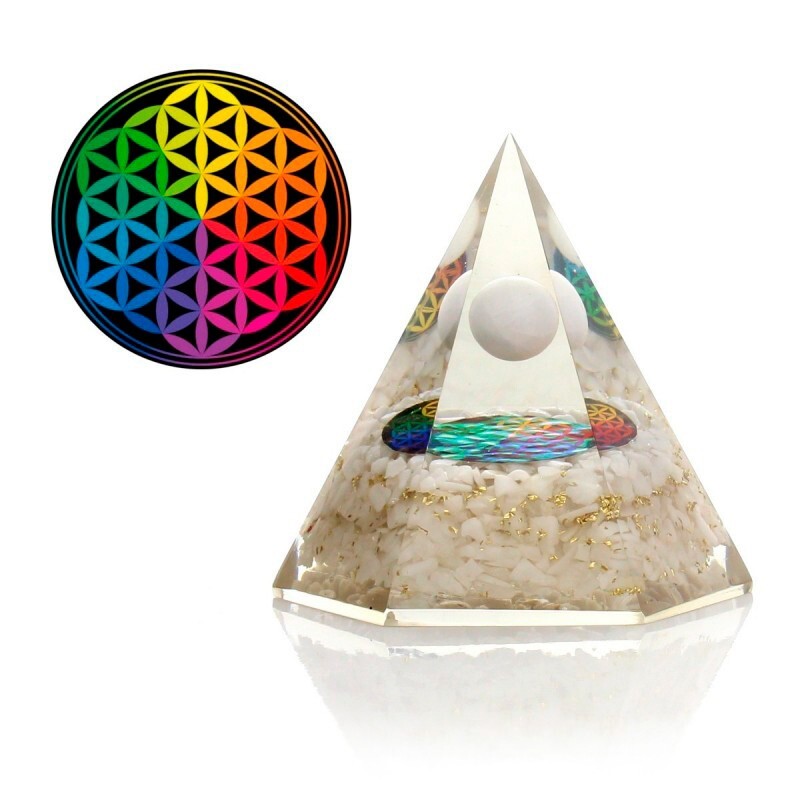 Pirámide orgonita octogonal CUARZO BLANCO. BASE 8CM