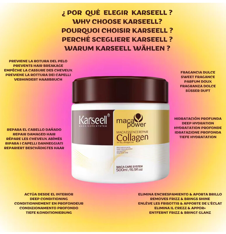 Mascarilla reparadora antifrizz con colágeno activo Maca Essence Repair Collagen de Karseell.BOTOX CAPILAR 500gr