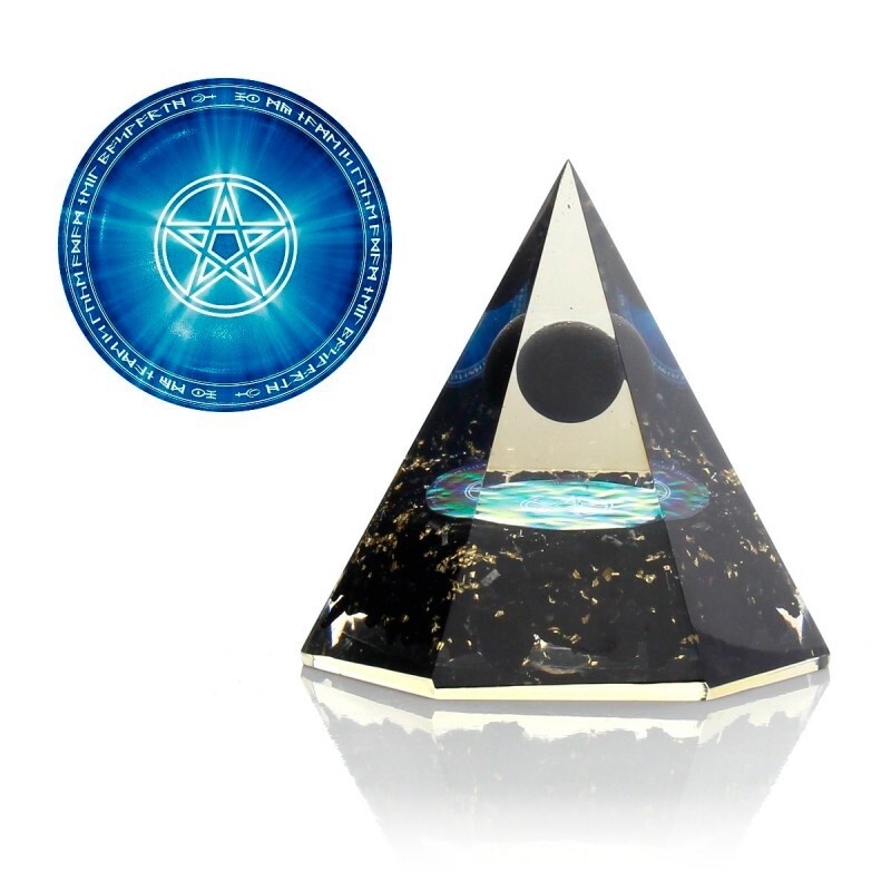 Pirámide orgonita octogonal TURMALINA NEGRA. BASE DE 8CM