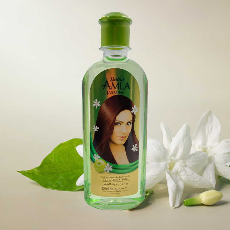 ACEITE capilar HAMLA JASMINE DABUR. Para cabello largo, suave y fuerte. PARA CABELLO TEÑIDO 300 ml