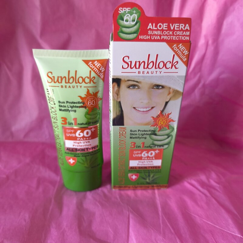 BLOQUEADOR SOLAR CREMA ACLARADORA Y MATIFICANTEDE ALOE VERA. PROTECTOR SOLAR 3 EN 1. SPF60. SUNBLOCK BEAUTY. 60ML