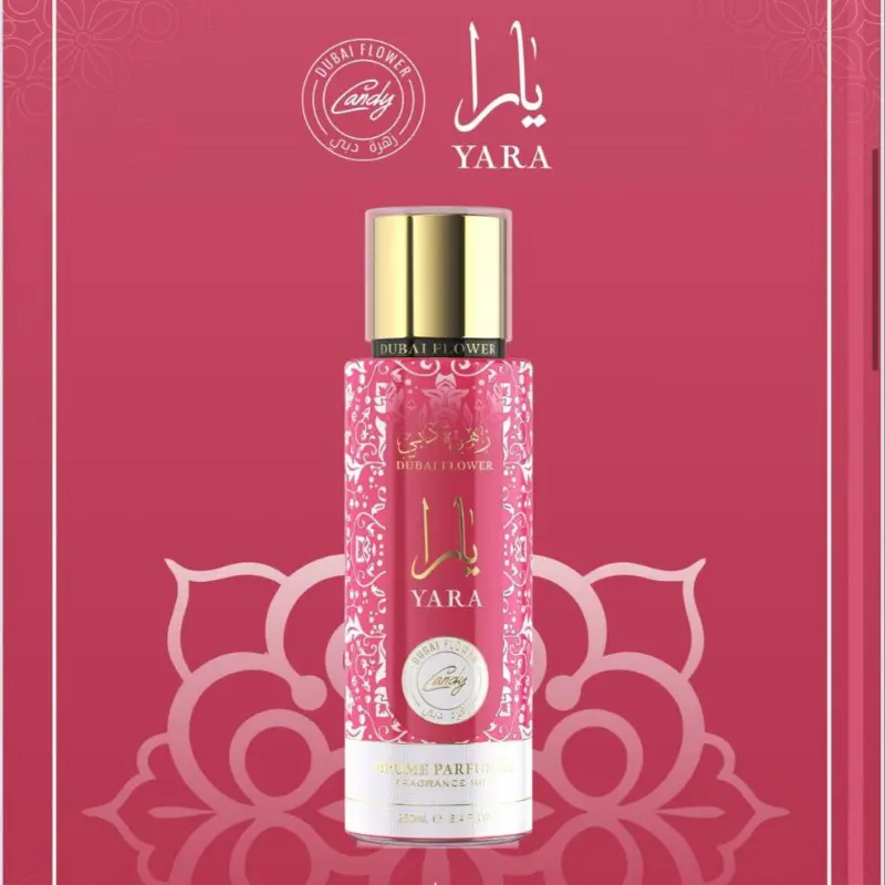 🌸 Bruma YARA CANDY – Body & Hair Mist 250 ml DUBAI FLOWERS Dulzura que encanta, frescura que empodera. YARA CANDY es una bruma corporal y capilar que fusiona el encanto oriental con notas golosas irresistibles. Diseñada para mujeres que desean irradiar alegría, coquetería y magnetismo en su día a día, esta fragancia ligera y envolvente despierta la niña diosa que habita en ti. ✨ Pirámide olfativa Salida: Grosella negra y mandarina verde – chispeantes y vibrantes Corazón: Fresa caramelizada y gardenia – dulzura floral adictiva Fondo: Almizcle blanco y maderas suaves – sensualidad cálida y persistente 🌺 Usos energéticos y ritualísticos Bruma de alegría matinal: Rocía sobre cuerpo y cabello al despertar, visualizando una nube rosa que activa tu energía juguetona. Ritual de atracción dulce: Antes de salir, aplica en puntos energéticos (cuello, muñecas, cabello) mientras repites: “Soy dulzura que encanta, luz que atrae”. Conexión con la niña interior: Úsala tras el baño, acompañada de música suave y afirmaciones de ternura. 🧴 Presentación técnica Contenido: 250 ml – 8.4 FL.OZ Tipo: Bruma perfumada para cuerpo y cabello Marca: Dubai Flowers Aplicación: Pulverizar a unos 20 cm sobre piel y cabello. Evitar contacto con ojos. 🌟 Frase canalizada para ficha “Yara Candy es el susurro de tu esencia más dulce: libre, encantadora, luminosa. Que cada gota te recuerde que tu luz también sabe jugar.”