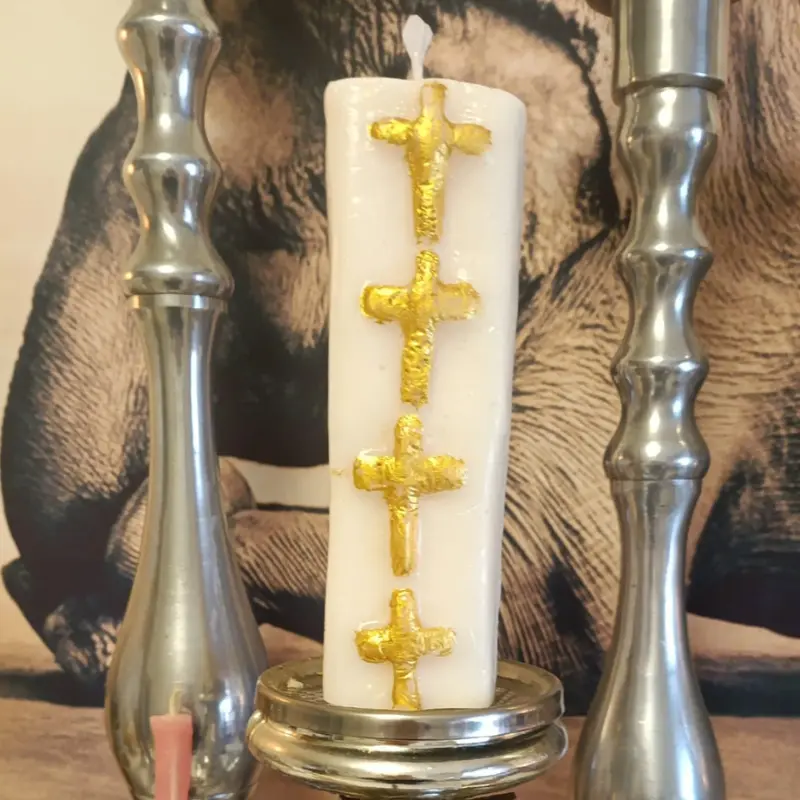 VELÓN GIGANTE PODEROSO 7 CRUCES SAN MIGUEL ARCÁNGEL.EDICIÓN ESPECIAL. PINTADO A MANO CON ORACIÓN