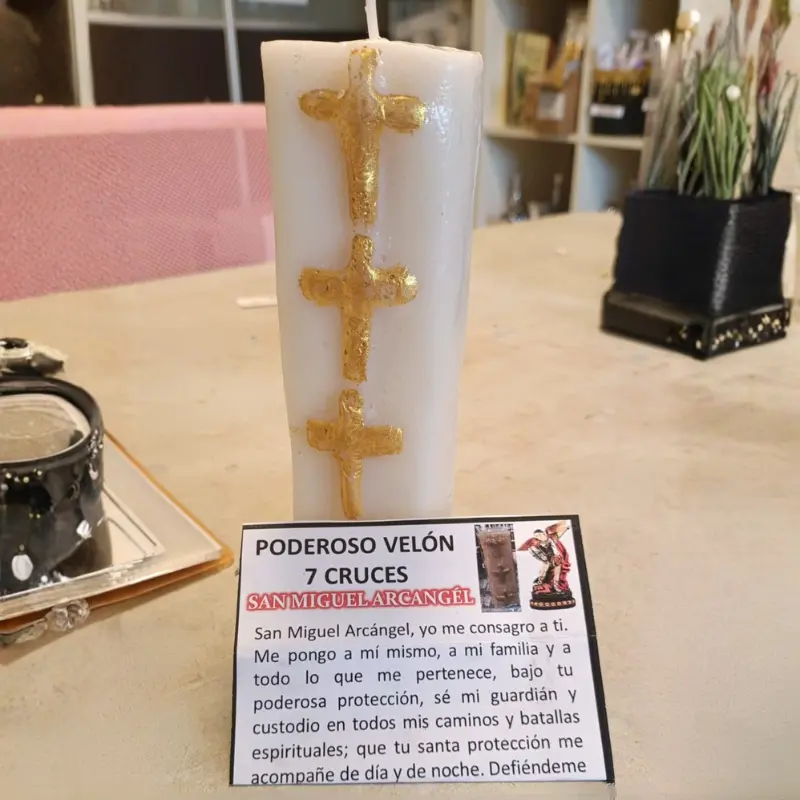 VELÓN GIGANTE PODEROSO 7 CRUCES SAN MIGUEL ARCÁNGEL.EDICIÓN ESPECIAL. PINTADO A MANO CON ORACIÓN