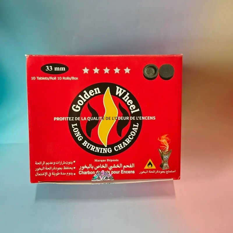 PACK DE 10 carbones vegetales 33mm encendido rápido. GOLDEN WHEEL. Larga duración