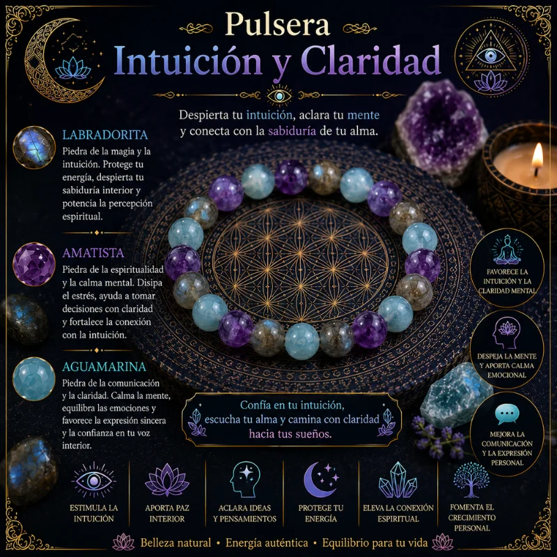 Pulsera Ritual de Intuición y Claridad | Labradorita, Amatista y Aguamarina | Brisagiraluna 8mm