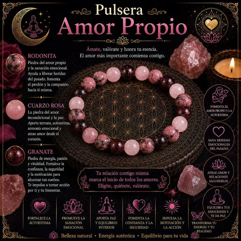 Pulsera Ritual de Amor Propio de Rodonita, Cuarzo Rosa y Granate | Piedra Natural 8mm