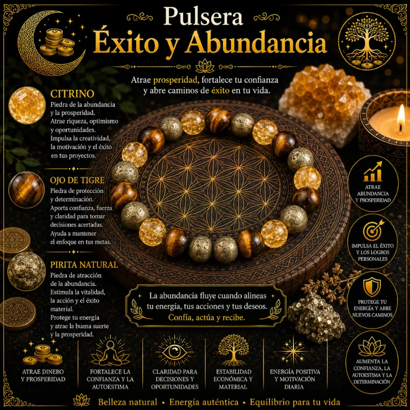 Pulsera Ritual de Éxito y Abundancia | Citrino, Ojo de Tigre y Pirita Natural 8mm
