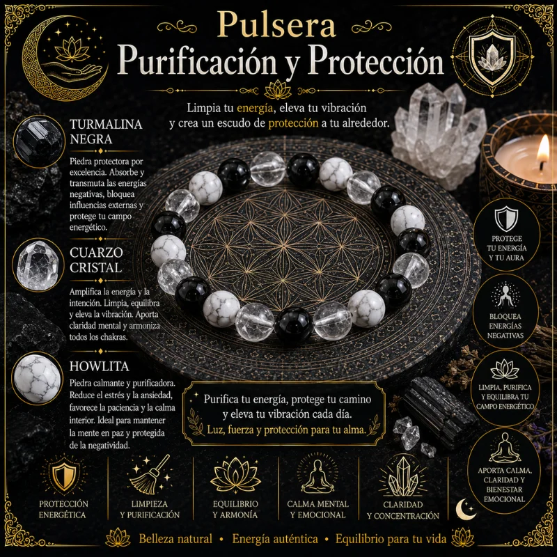 Pulsera Ritual de Purificación y Protección de Piedras Naturales | Turmalina Negra, Cuarzo Cristal y Howlita 8mm
