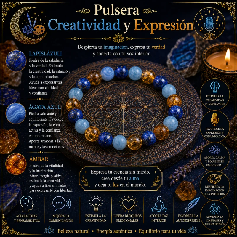 Pulsera Ritual de Creatividad y Expresión con Lapislázuli, Ágata Azul y Ámbar | Brisagiraluna 8mm