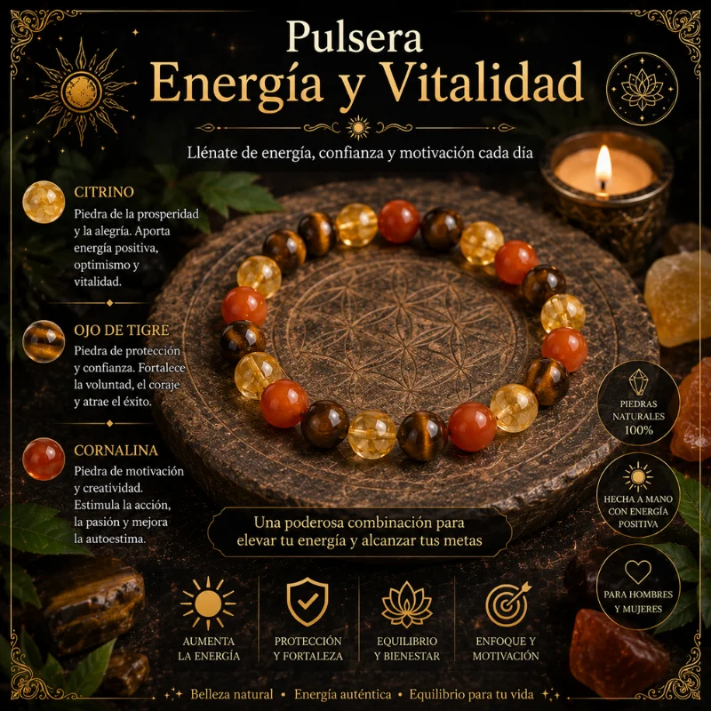 Pulsera Ritual de Energía y Vitalidad con Citrino, Ojo de Tigre y Cornalina | Piedra Natural