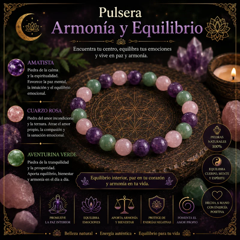 Pulsera Ritual de Armonía y Equilibrio de Piedras Naturales | Amatista, Cuarzo Rosa y Aventurina 8mm