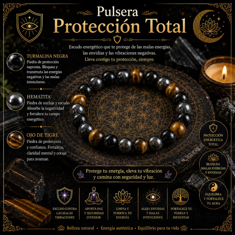 Pulsera Ritual de Protección Total con Turmalina Negra, Hematita y Ojo de Tigre 8mm