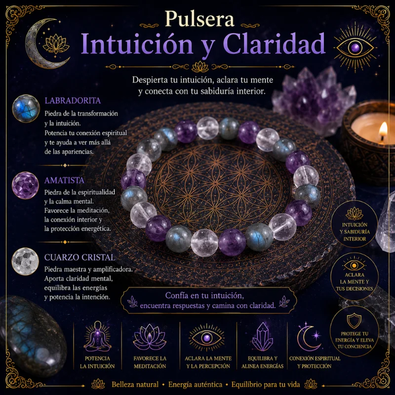 Pulsera de Labradorita, Amatista y Cuarzo Cristal para potenciar la intuición y la claridad mental.